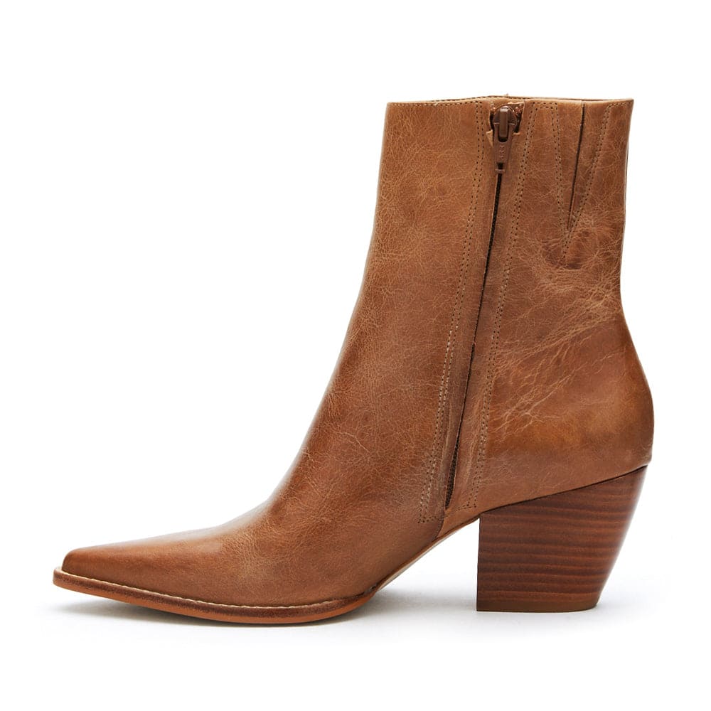 Brown leather ankle boot with stacked wooden block heel and side zipper closure