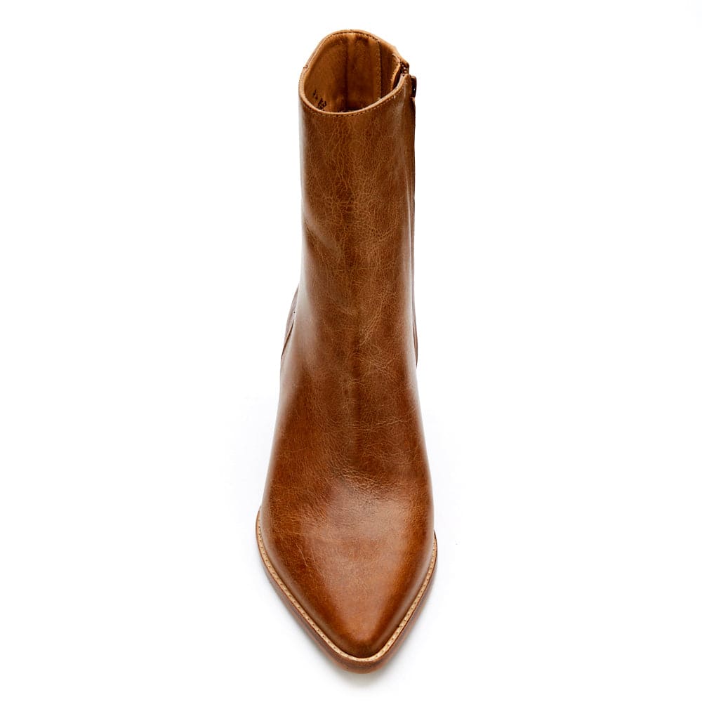 Brown leather ankle boot with pointed toe and inside zipper closure, front view