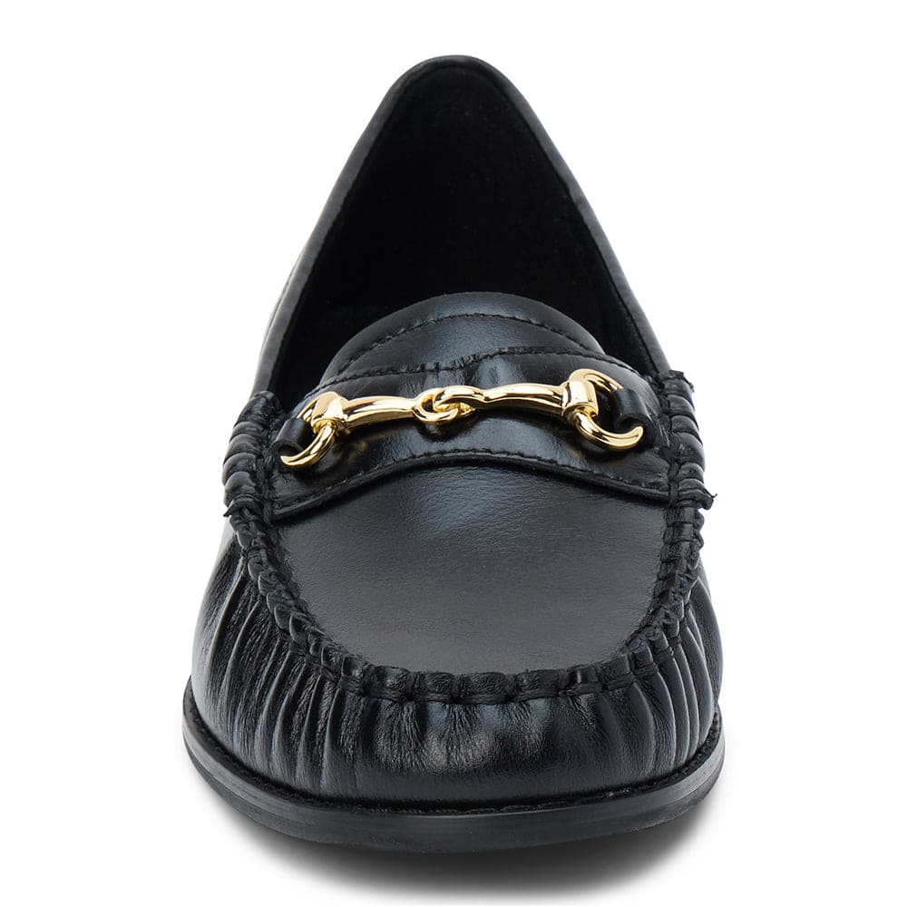Black leather loafer with gold chain detail and moccasin stitching, front view