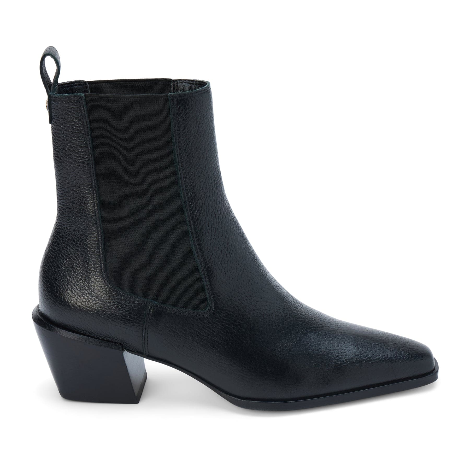 Black leather Chelsea boot with elastic side panels, pointed toe, and block heel on white background