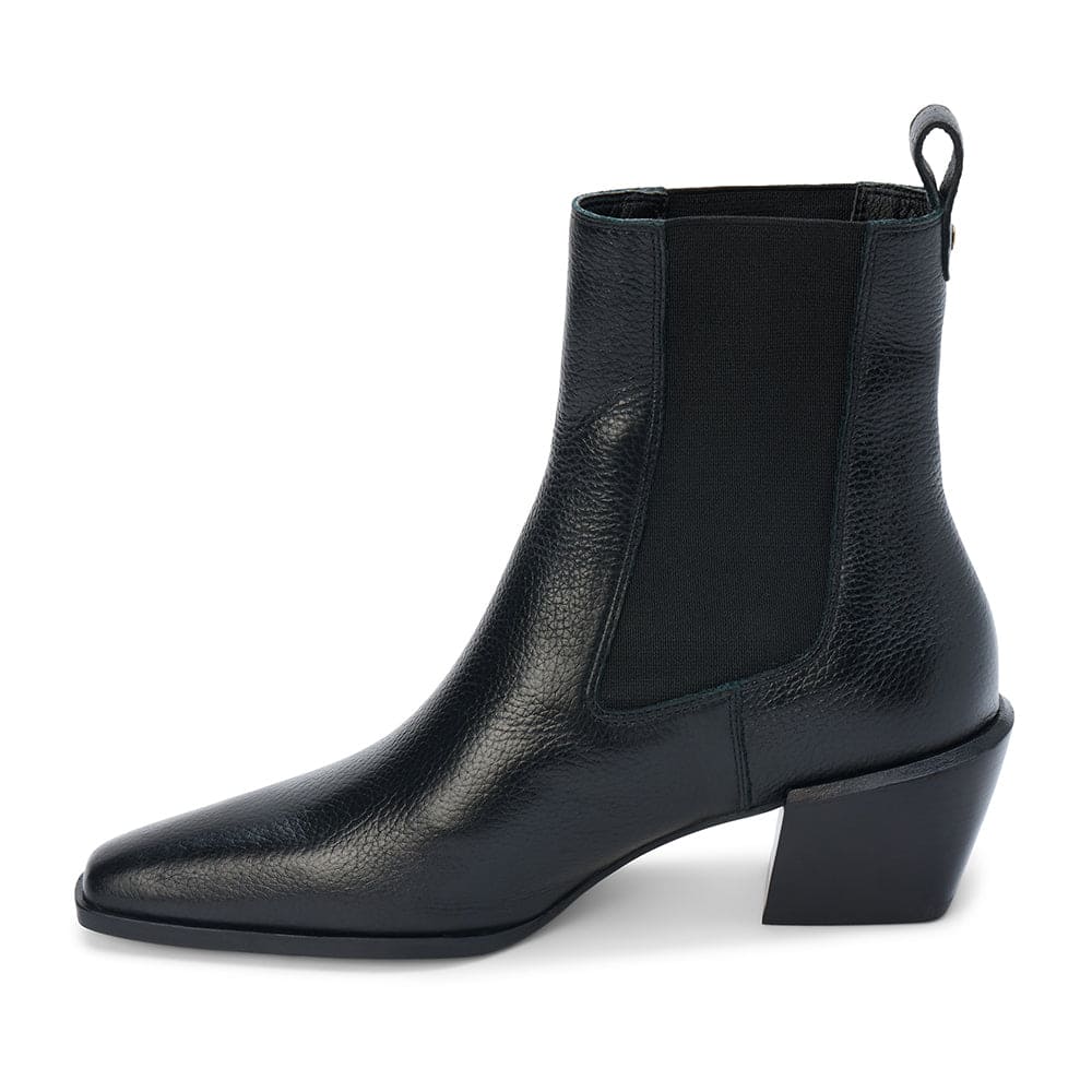 Black leather Chelsea boot with Cuban heel and elastic side goring, featuring pull tab at back
