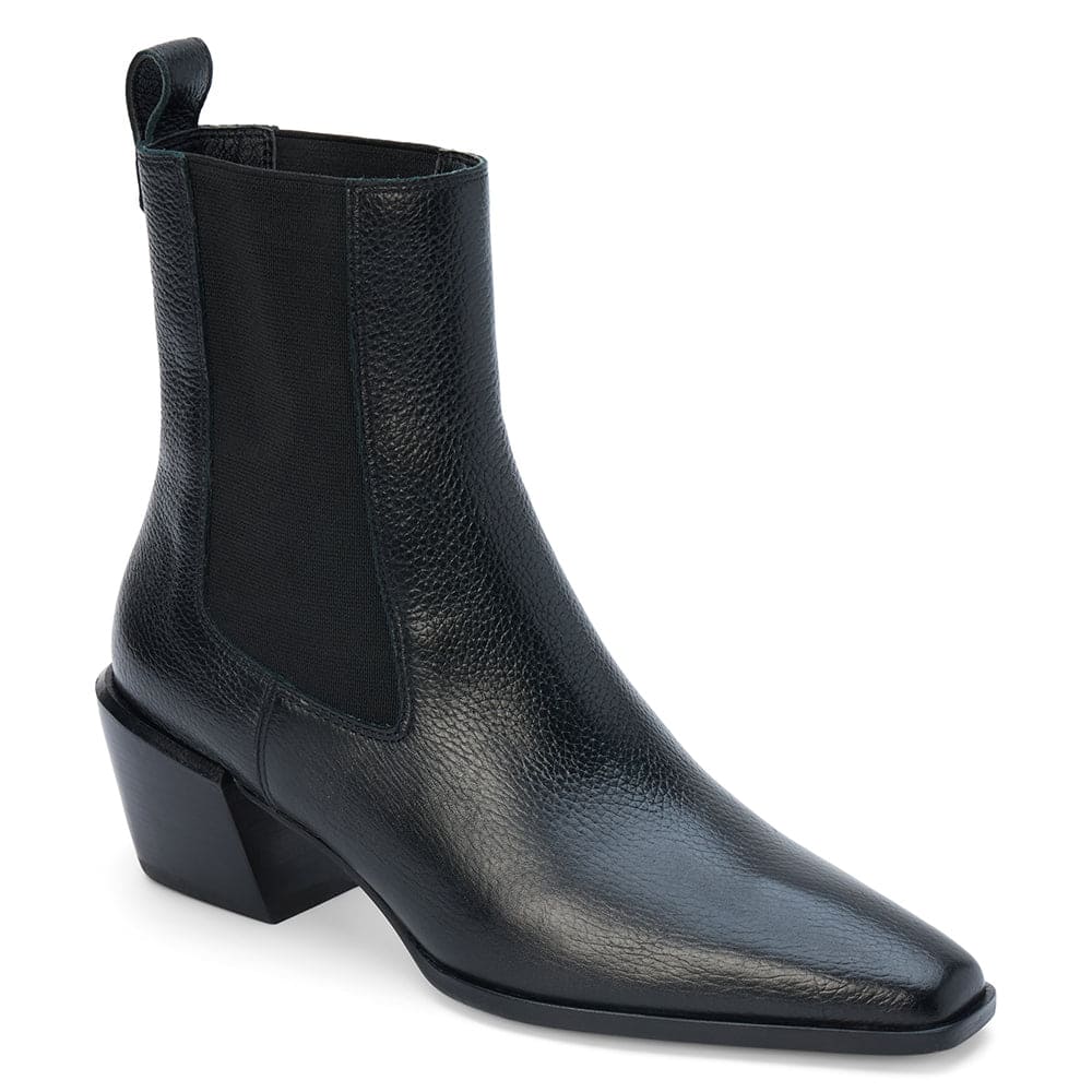 Black leather Chelsea boot with Cuban heel and elastic side panels on white background