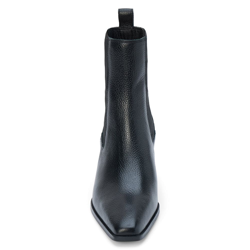 Black leather Chelsea boot with textured finish, pull tab, and square toe viewed from front
