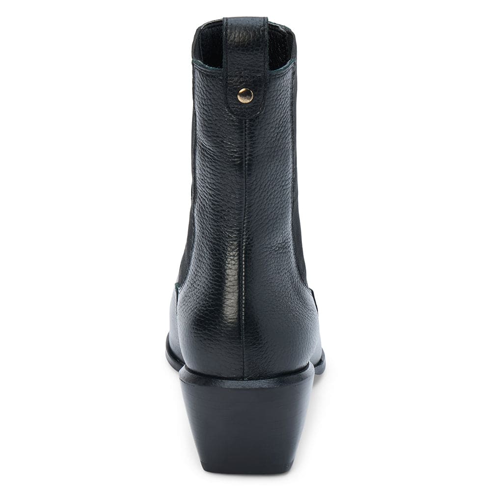 Black leather ankle boot with textured finish, gold snap detail, and low block heel - rear view