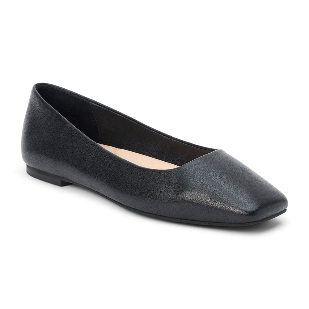 Black leather ballet flat with rounded toe and low profile sole