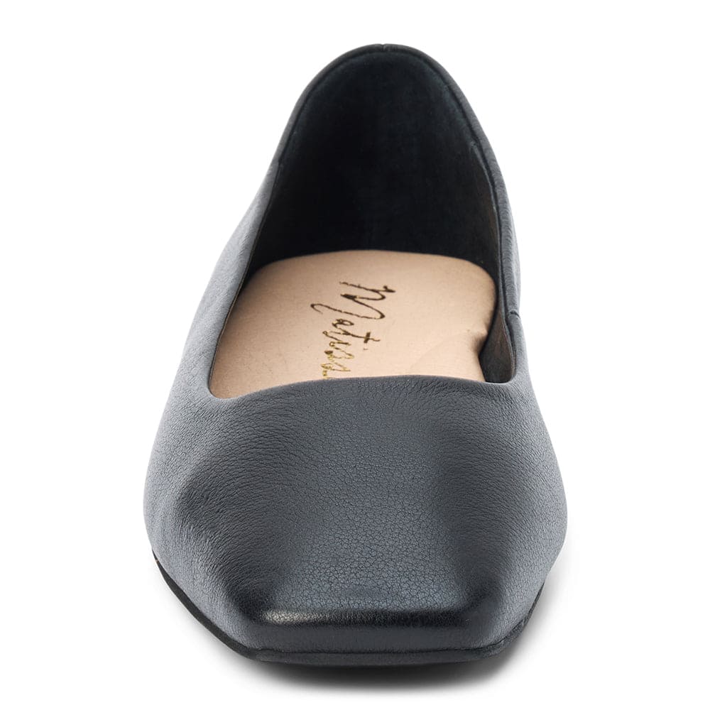Gray leather ballet flat with cushioned insole and square toe, front view showing brand name inside