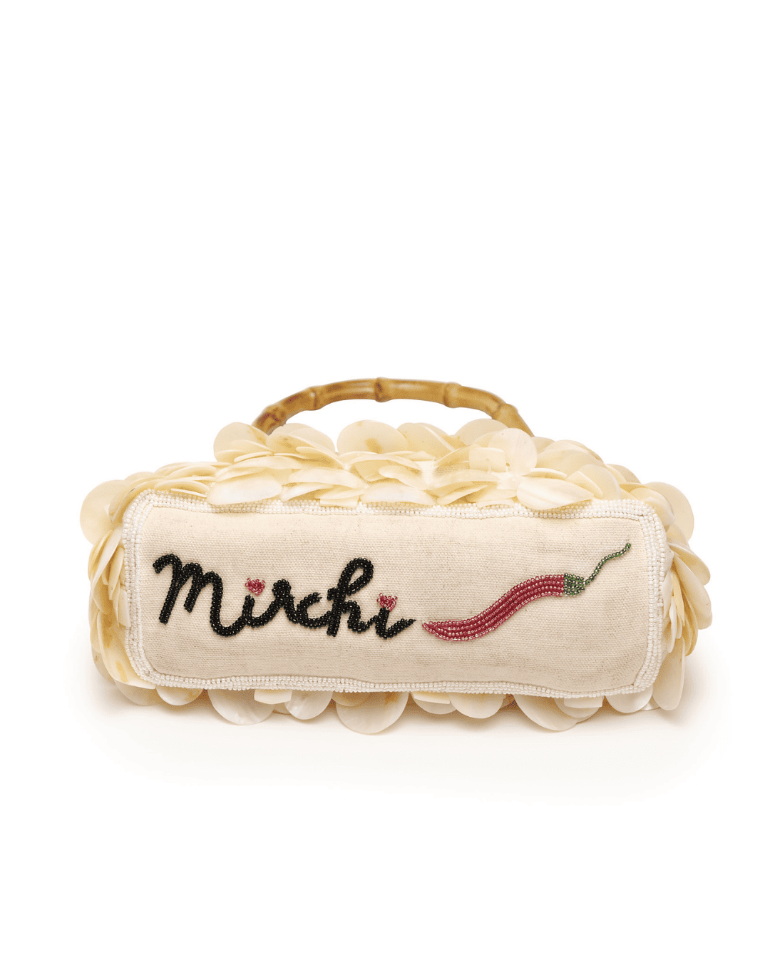 Cream beaded handbag with 'Mirchi' text and red chili pepper embellishment, featuring petal trim and bamboo handle