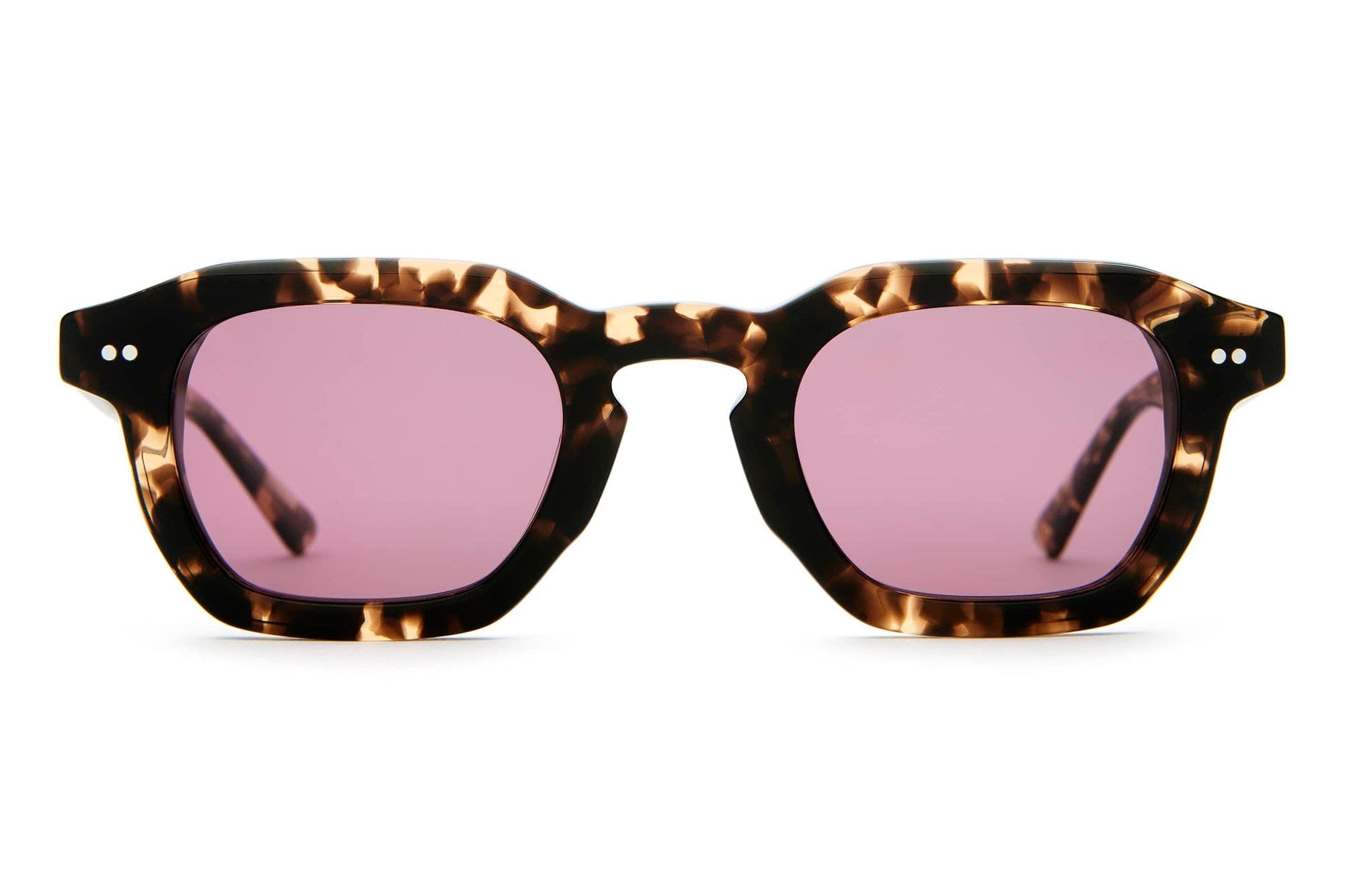Tortoiseshell acetate sunglasses with purple-tinted lenses and keyhole bridge, featuring a classic square frame shape