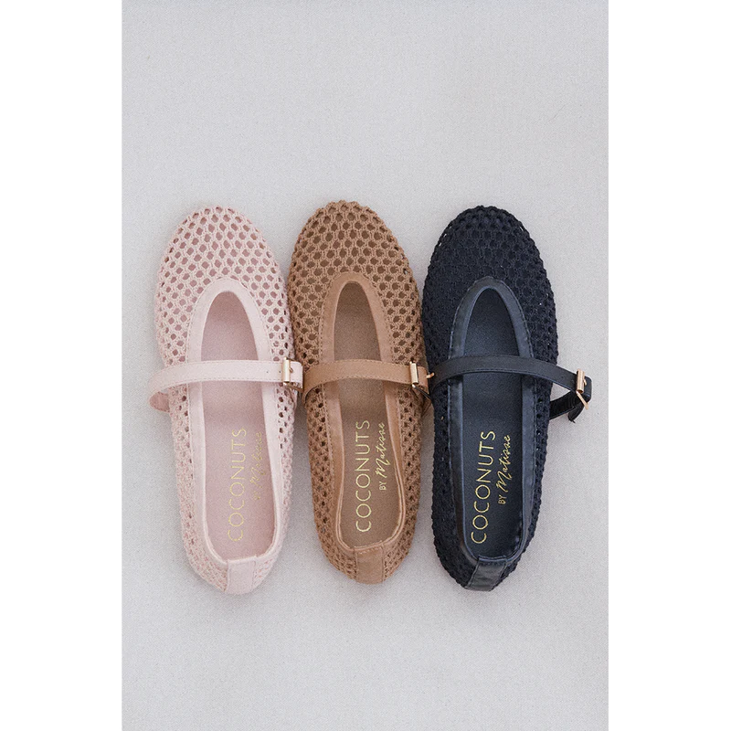 Three woven mesh Mary Jane flats with ankle straps in pink, tan, and black displayed on gray background