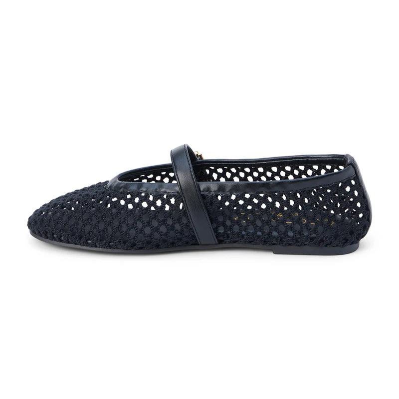 Black woven mesh ballet flat with Mary Jane ankle strap and pointed toe, side view
