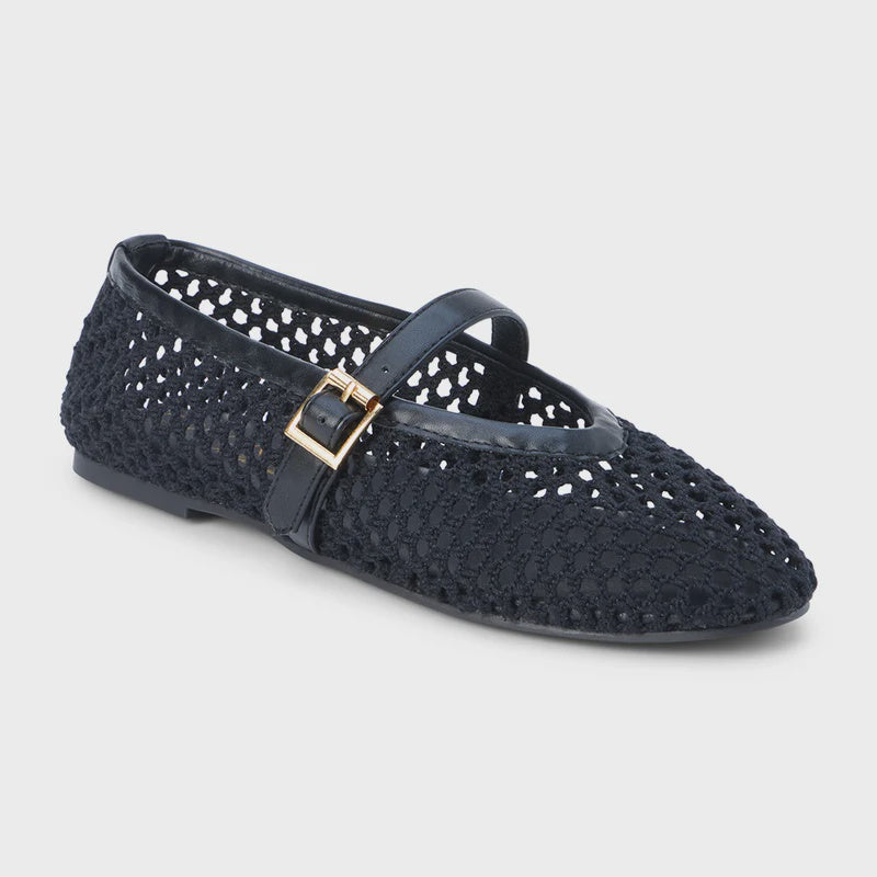 Black woven mesh ballet flat with gold buckle strap across vamp and perforated breathable upper