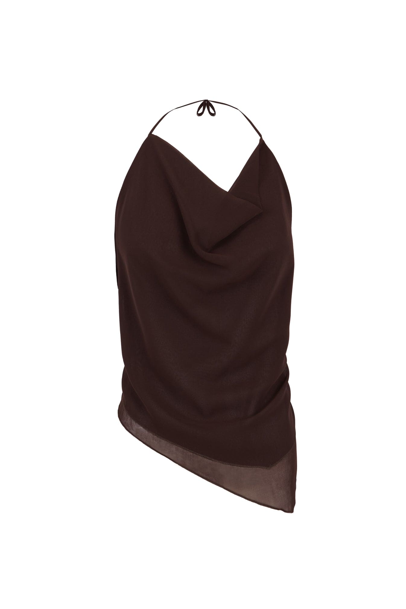 Dark brown halter neck top with draped cowl neckline and asymmetric hem in lightweight fabric