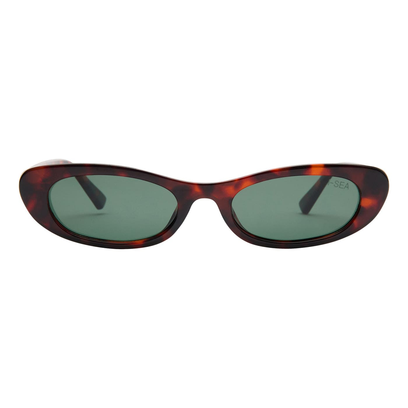 Sunglasses with tortoiseshell frame and green lenses on a white background