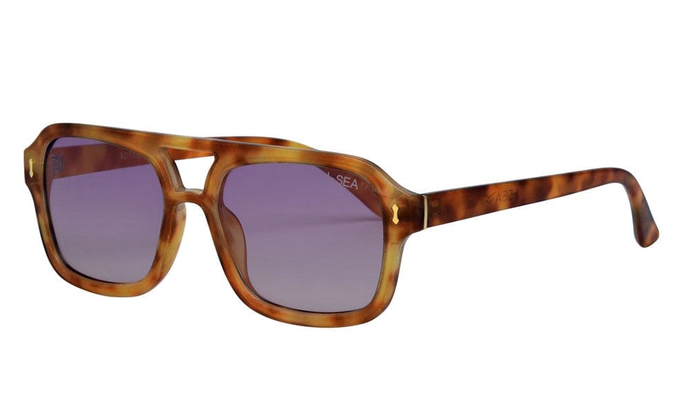 Tortoiseshell brown aviator sunglasses with purple gradient lenses and double bridge design on white background