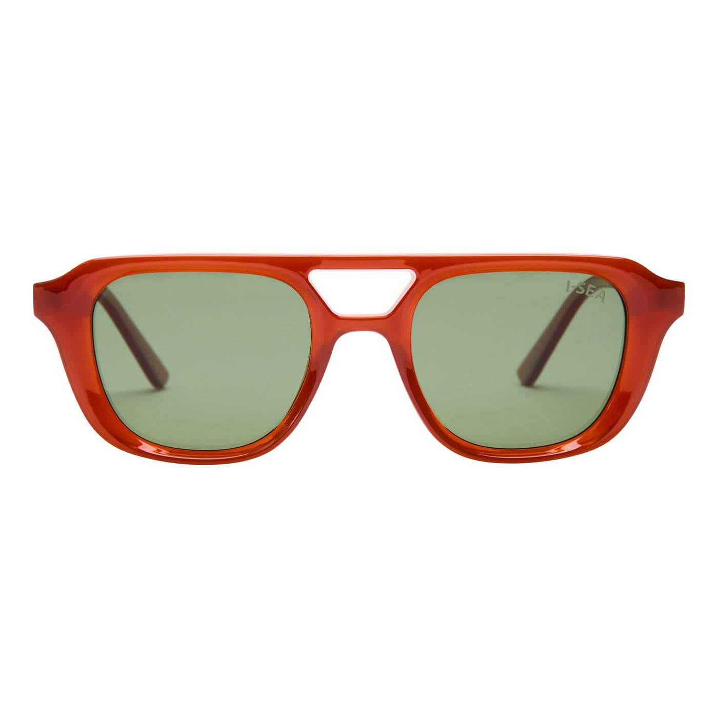 Orange acetate aviator sunglasses with green tinted lenses and distinctive bridge cutout detail