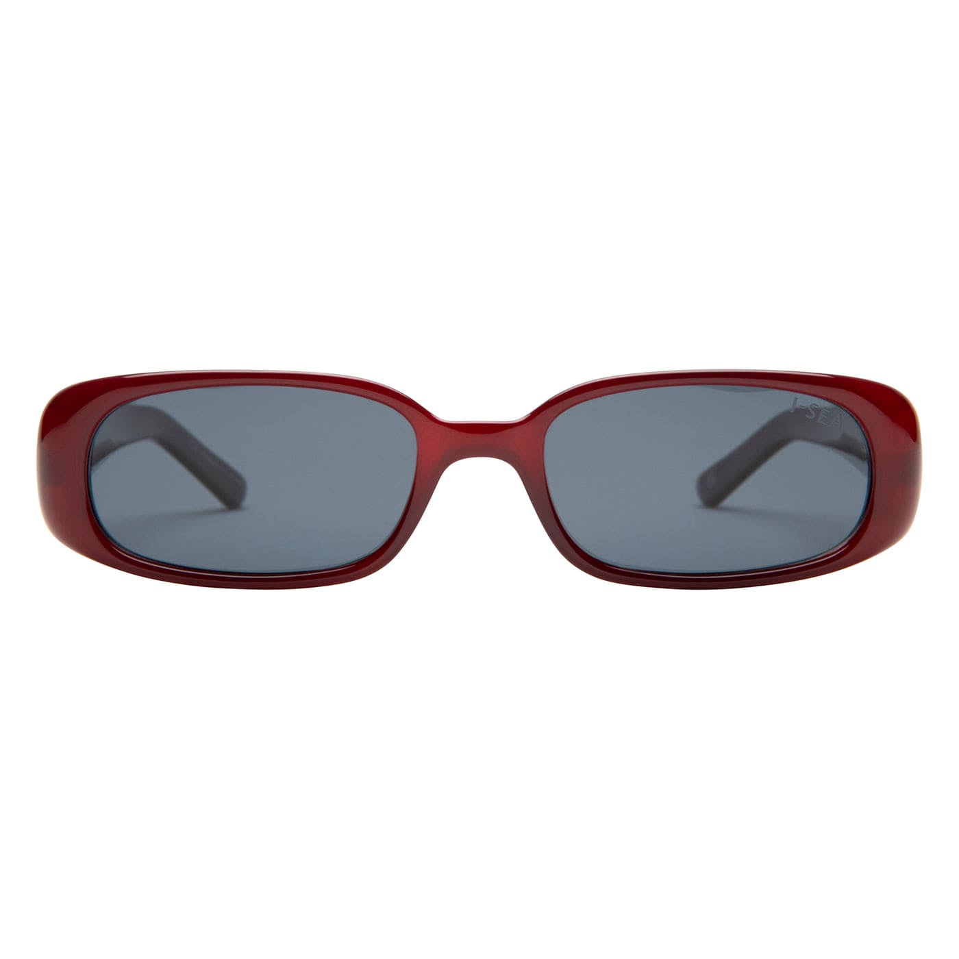 Red sunglasses with dark lenses on a white background