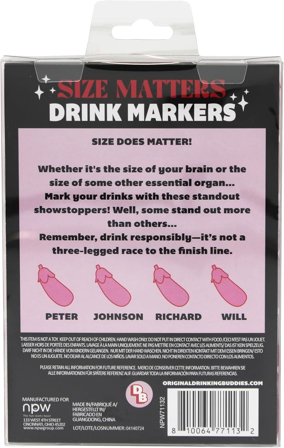 Package of Size Matters novelty drink markers in black and pink packaging featuring humorous eggplant-shaped markers with names Peter, Johnson, Richard, and Will