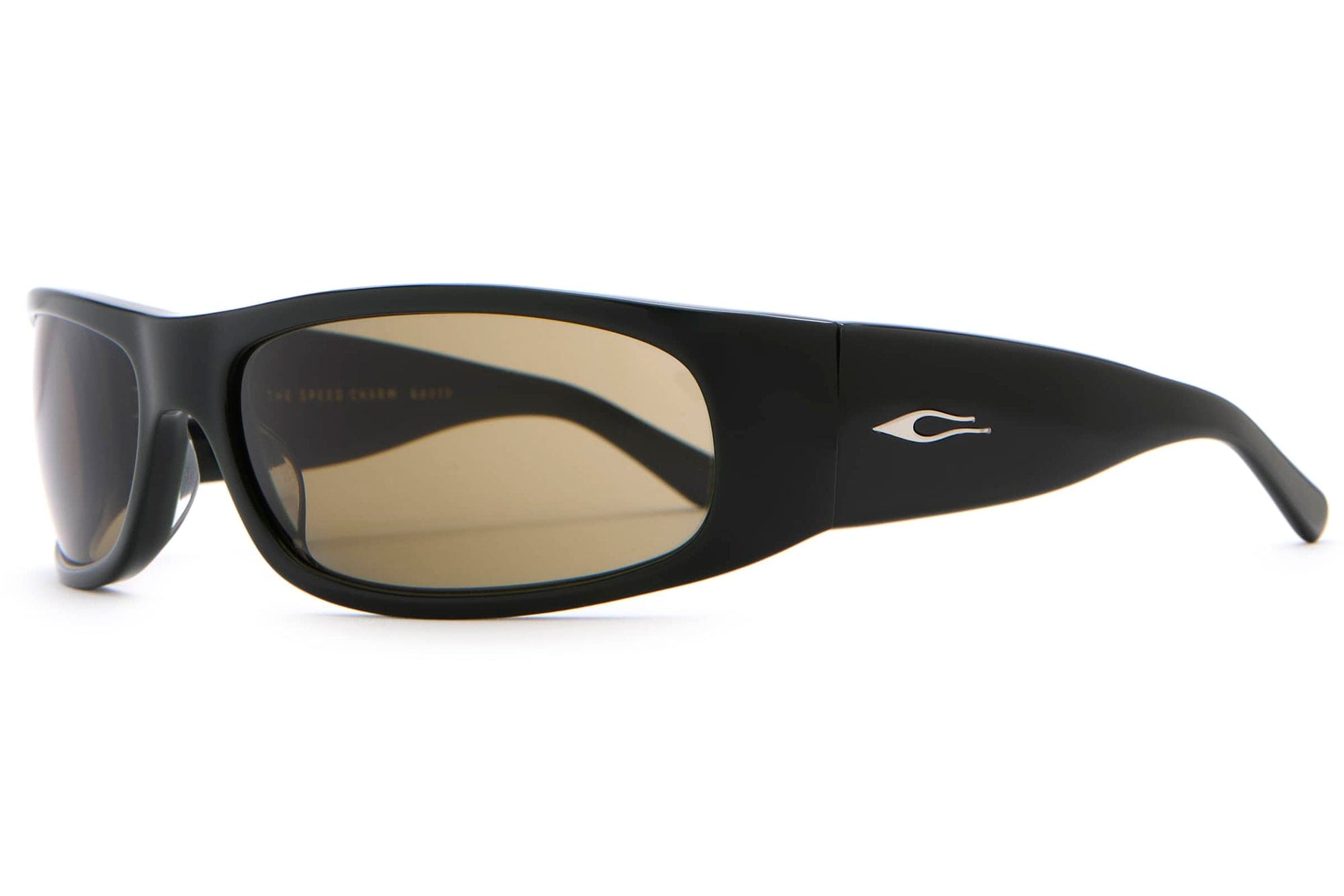 Black sunglasses with a brand logo on a white background
