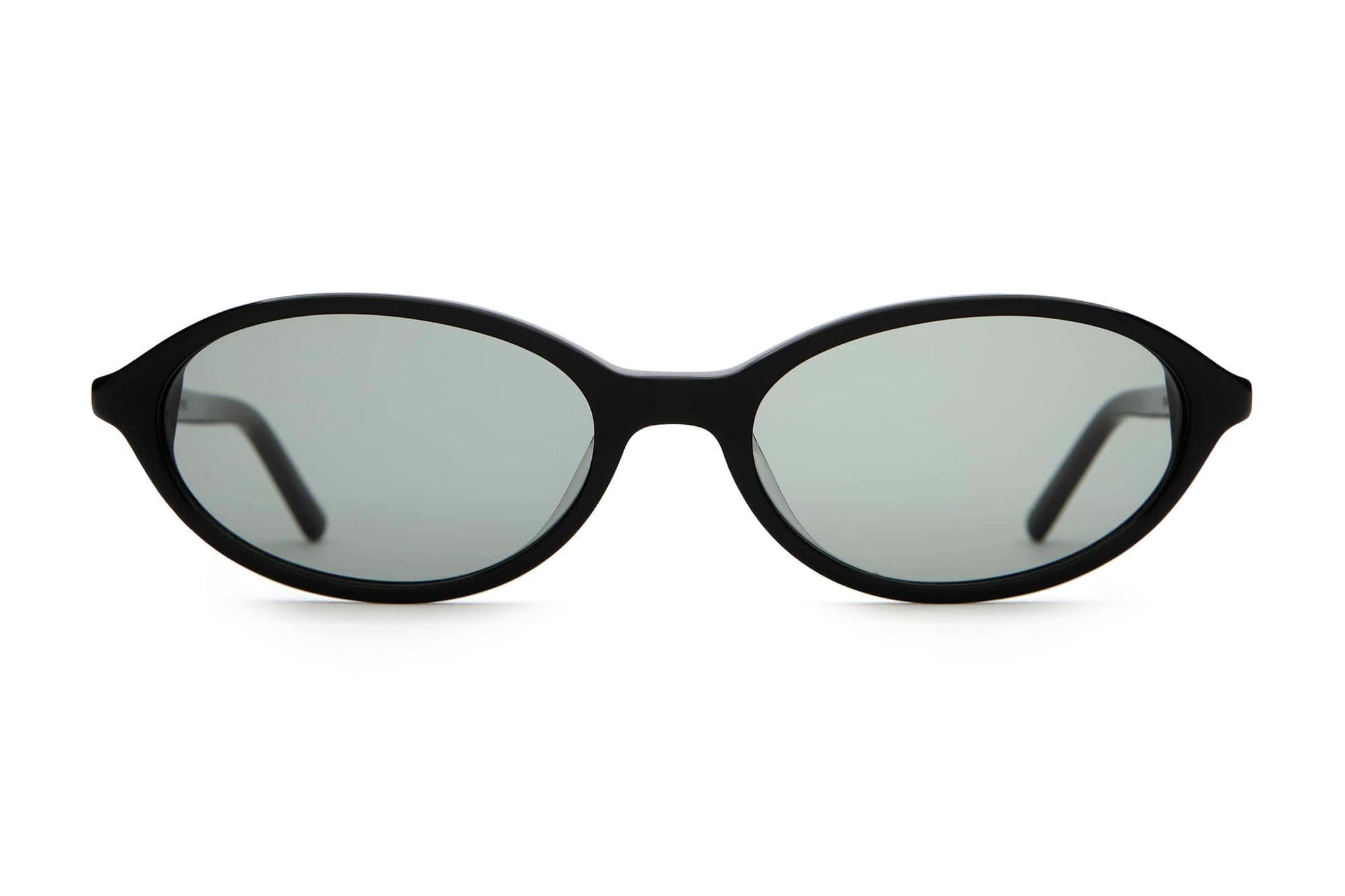 Black oval sunglasses with gray-tinted lenses and matte finish frame on white background