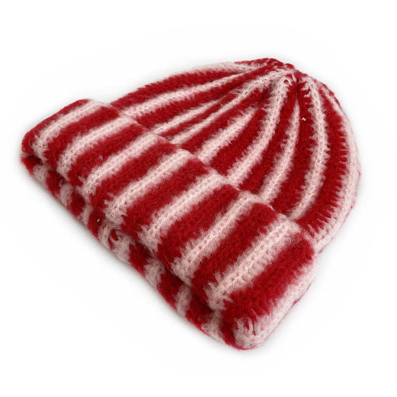 Red and white striped ribbed knit beanie hat with folded cuff, soft fuzzy wool blend fabric, cozy winter style