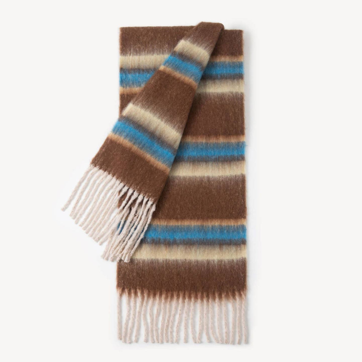 Striped mohair scarf in brown, turquoise, and cream with fringe ends, folded flat on white background.