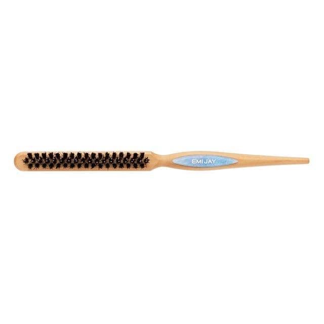 Wooden hair brush with natural boar bristles and blue EMIJAY logo on handle, beige finish