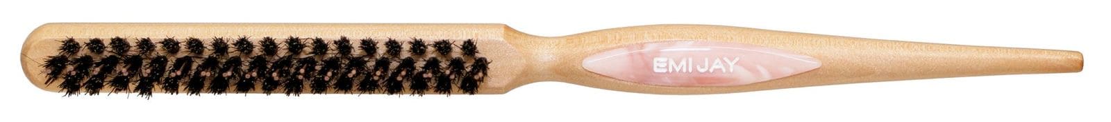 Wooden hair brush with natural boar bristles and ergonomic handle featuring EMIJAY branding in pink and white