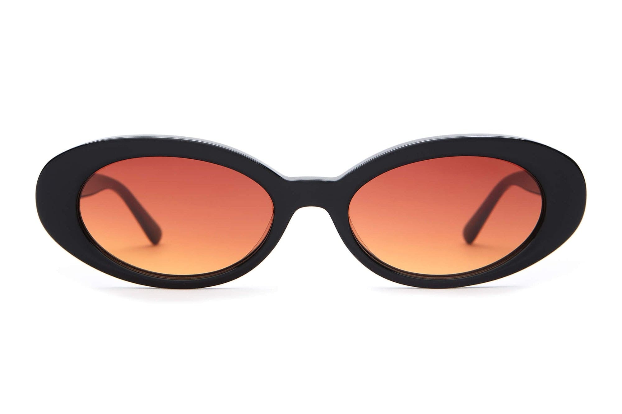 Black oval frame sunglasses with orange gradient lenses and thick retro-style acetate construction