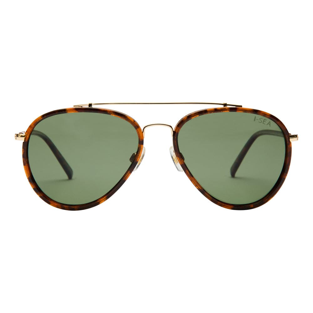 Aviator sunglasses with tortoiseshell frame and green lenses on a white background