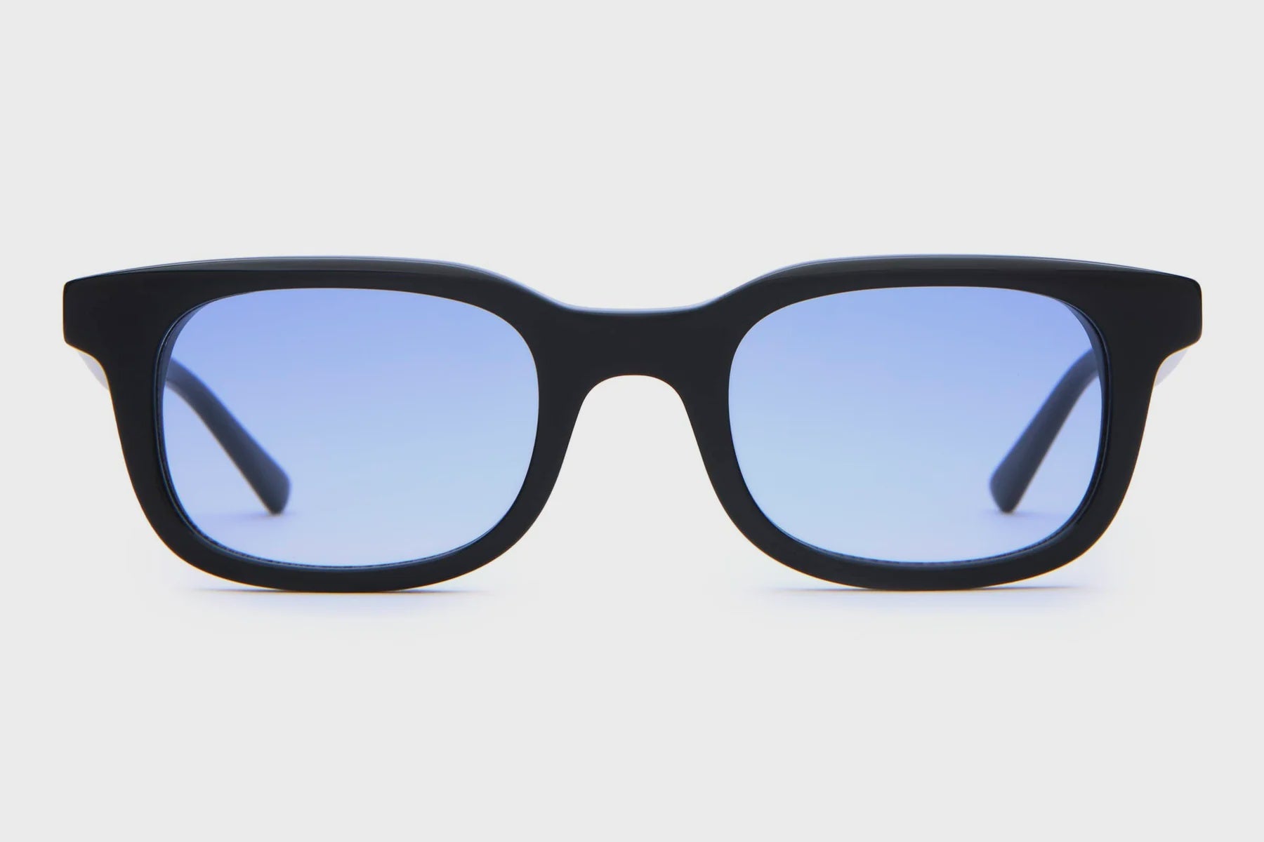 Black frame sunglasses with blue-tinted lenses and thick rectangular temples in a wayfarer style