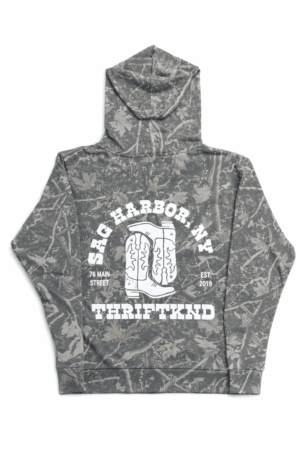 Gray hoodie with white graphic design on a white background