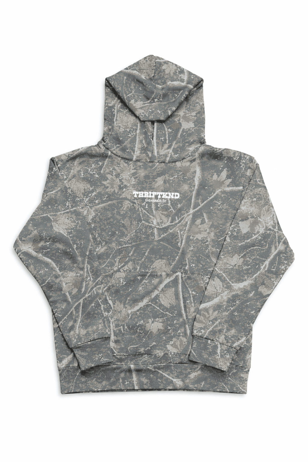 Gray tie-dye hoodie with a brand logo on a white background
