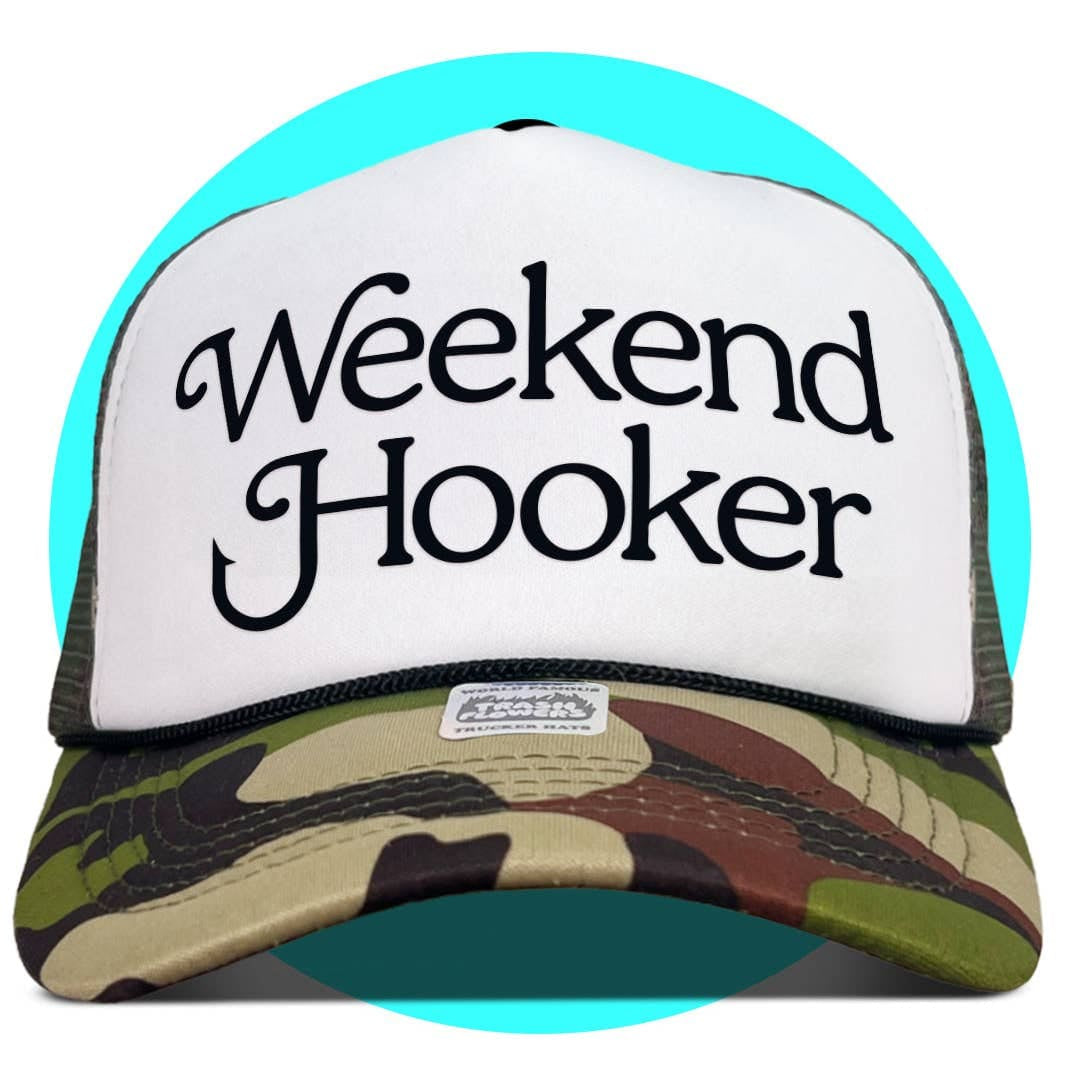 Weekend Hooker trucker hat with white foam front panel, camouflage bill, and black mesh back with turquoise top panel