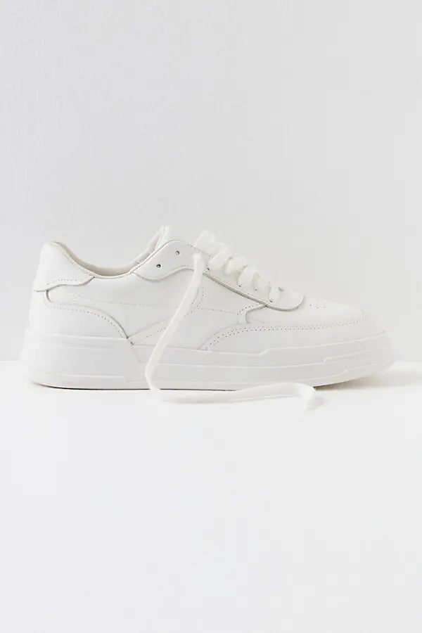White leather platform sneaker with lace-up closure and chunky sole, side view on white background