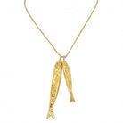 Gold-plated fish pendant necklace with two textured sardine charms on delicate chain