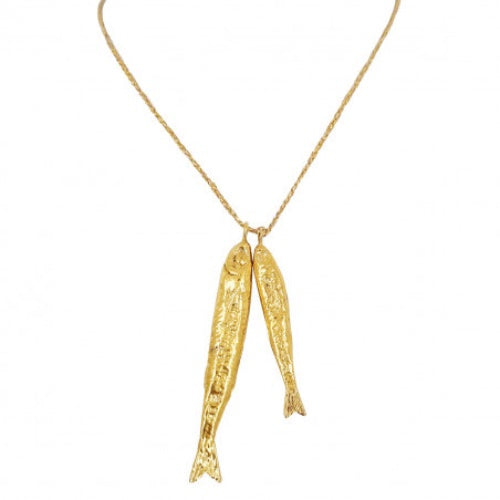 Gold-plated fish pendant necklace with two textured sardine charms on delicate chain