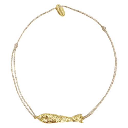 Gold fish charm bracelet on beige cord with adjustable sliding closure