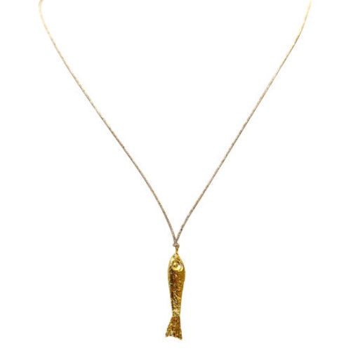 Gold fish pendant necklace on delicate chain with textured scale details and dimensional design