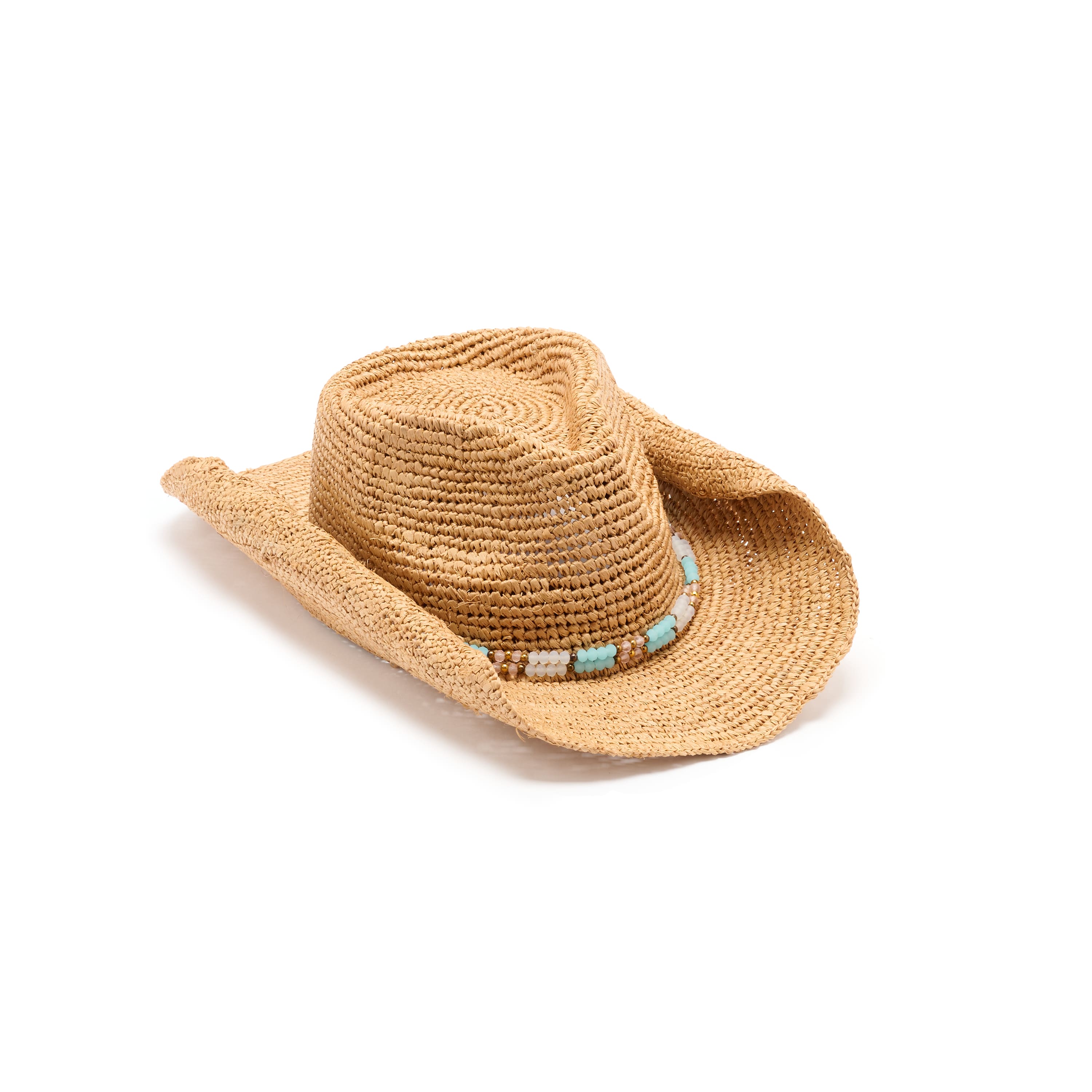 Beige straw cowboy hat with turquoise accents on a white background