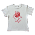 White baby tee with red contrast stitching featuring a red apple with bow and "New York City" script graphic.
