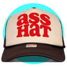 Brown and white mesh trucker hat with red "ass HaT" text on front panel against turquoise background