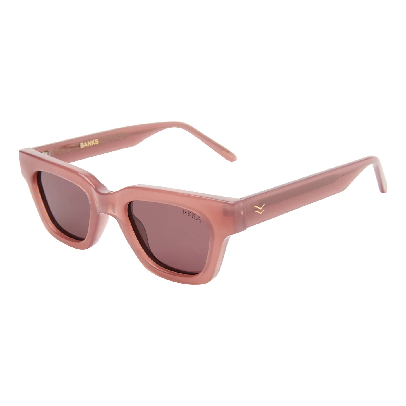 Pink sunglasses with a subtle brand logo on a white background