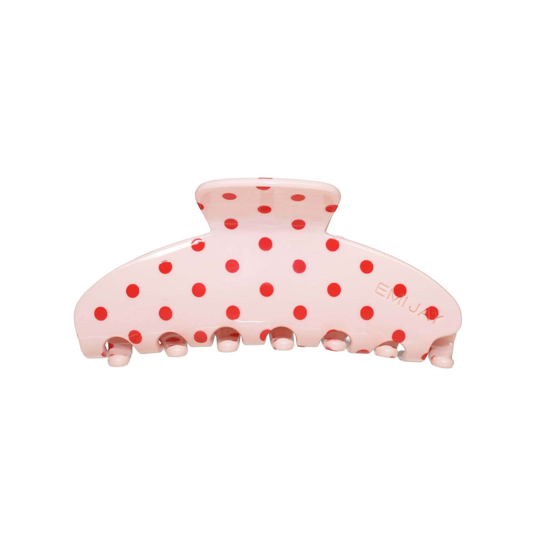 Emi Jay large hair claw clip in light pink with red polka dots, glossy plastic with teeth along the bottom.