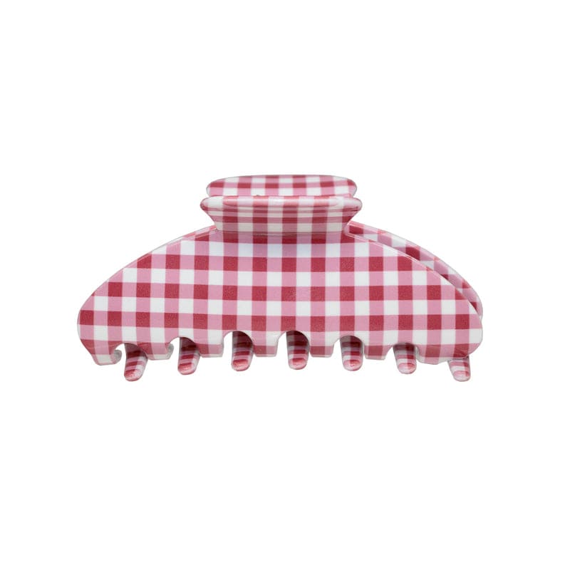 Red and white gingham check hair claw clip with ridged center grip and curved design