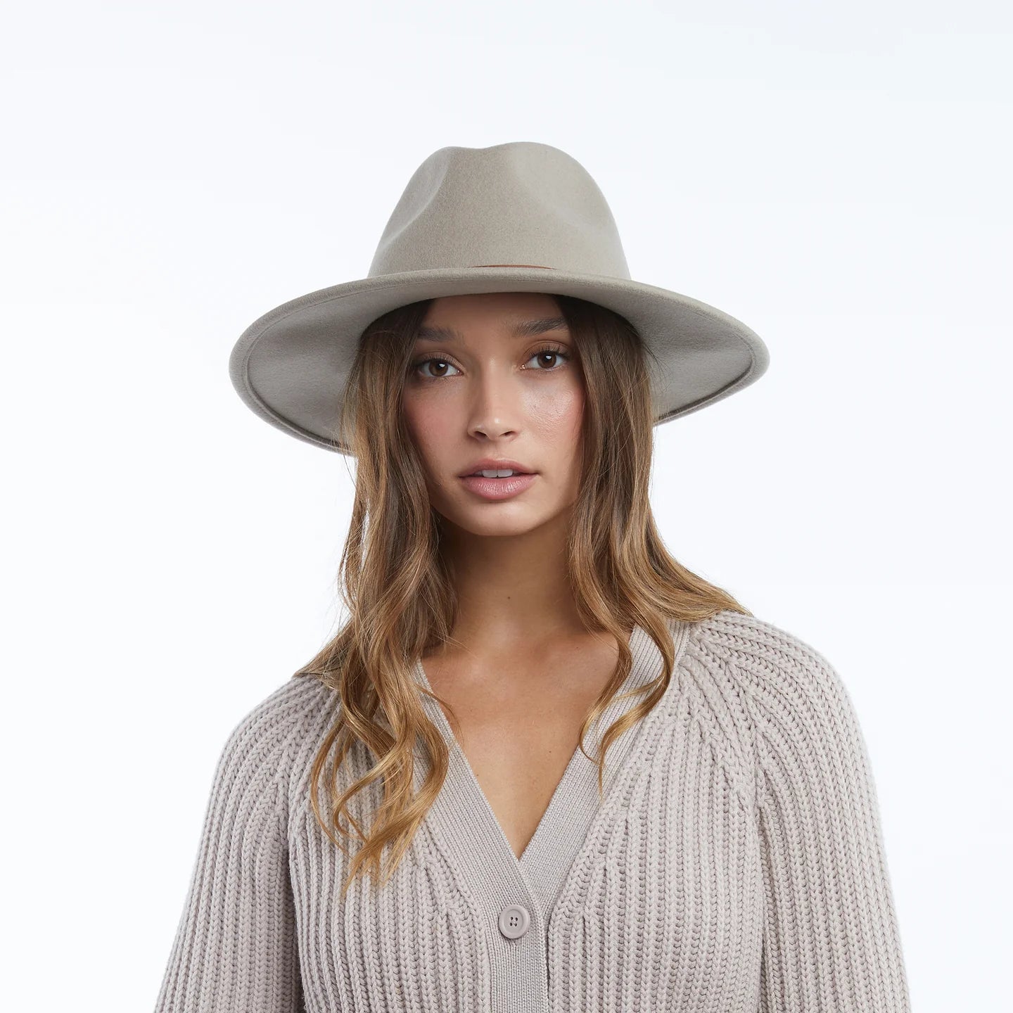 Wide-brim gray felt fedora hat with structured crown and brown leather band detail