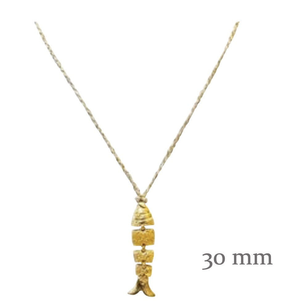 Gold-toned fish pendant necklace with textured geometric segments on delicate chain, 30mm length