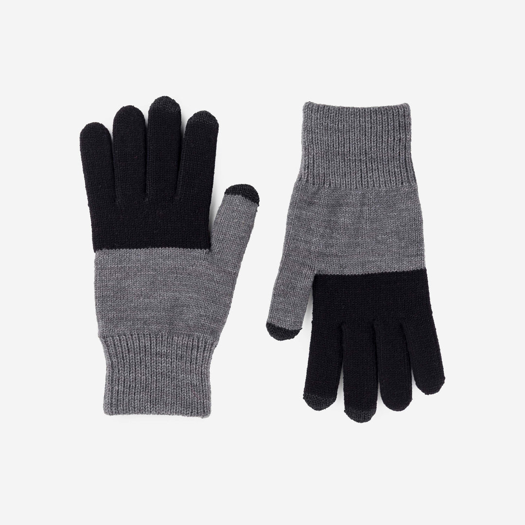 Two-tone knit gloves in gray and black with touchscreen-compatible fingertips, displayed on white background