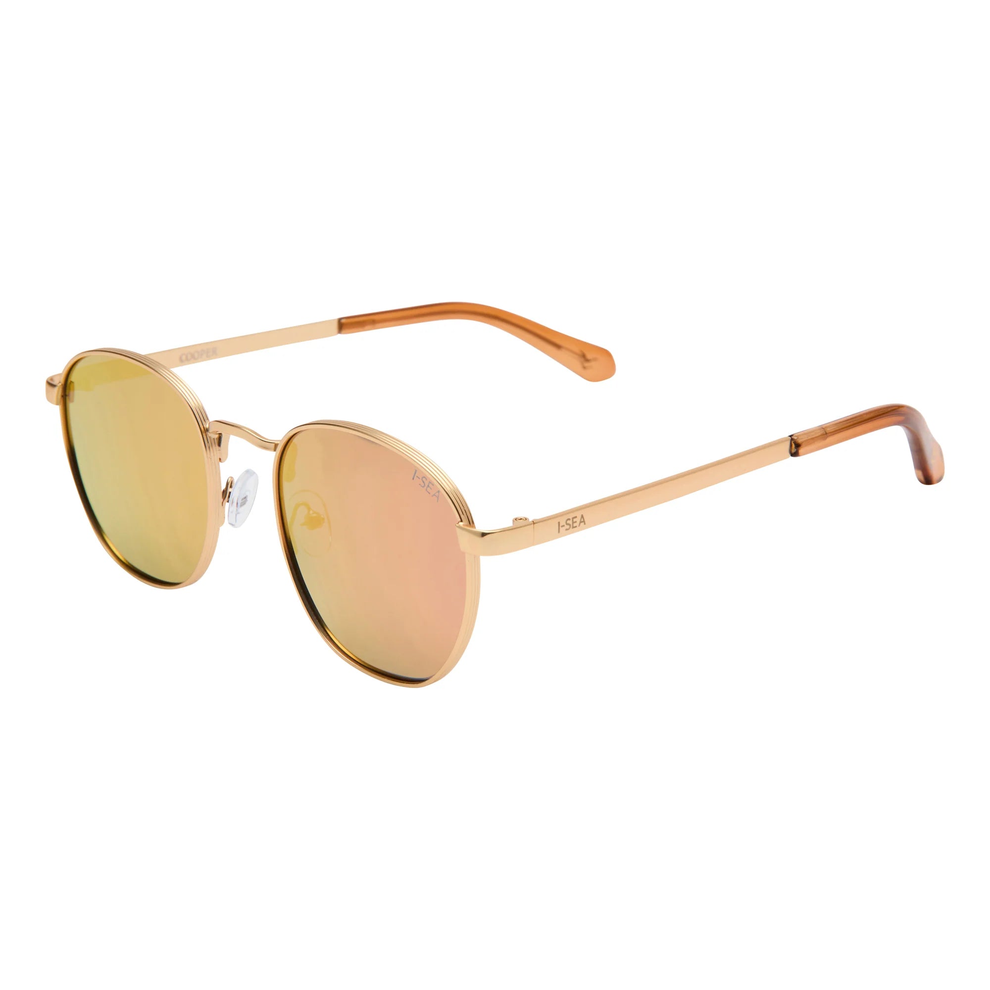 Gold-framed sunglasses with gold lenses on a white background
