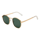 Gold-framed sunglasses with green lenses on a white background