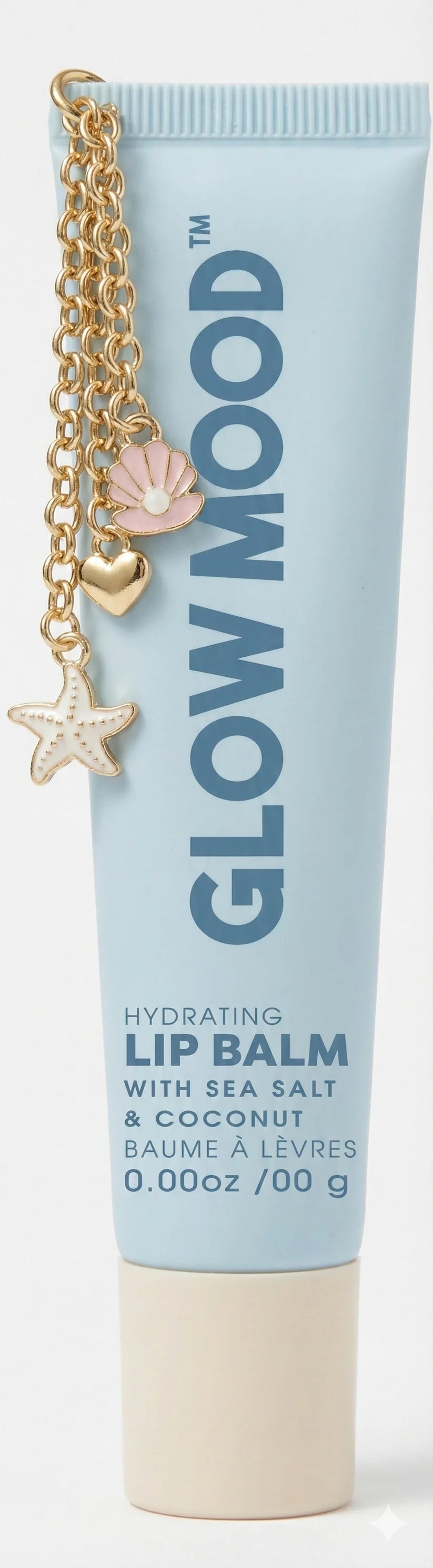 Glow Mood lip balm tube with decorative chain on a white background